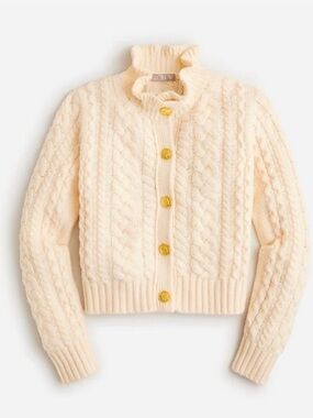 J Crew Cable-Knit Ruffleneck Cardigan Lambswool Gold Button Preppy Sweater Small